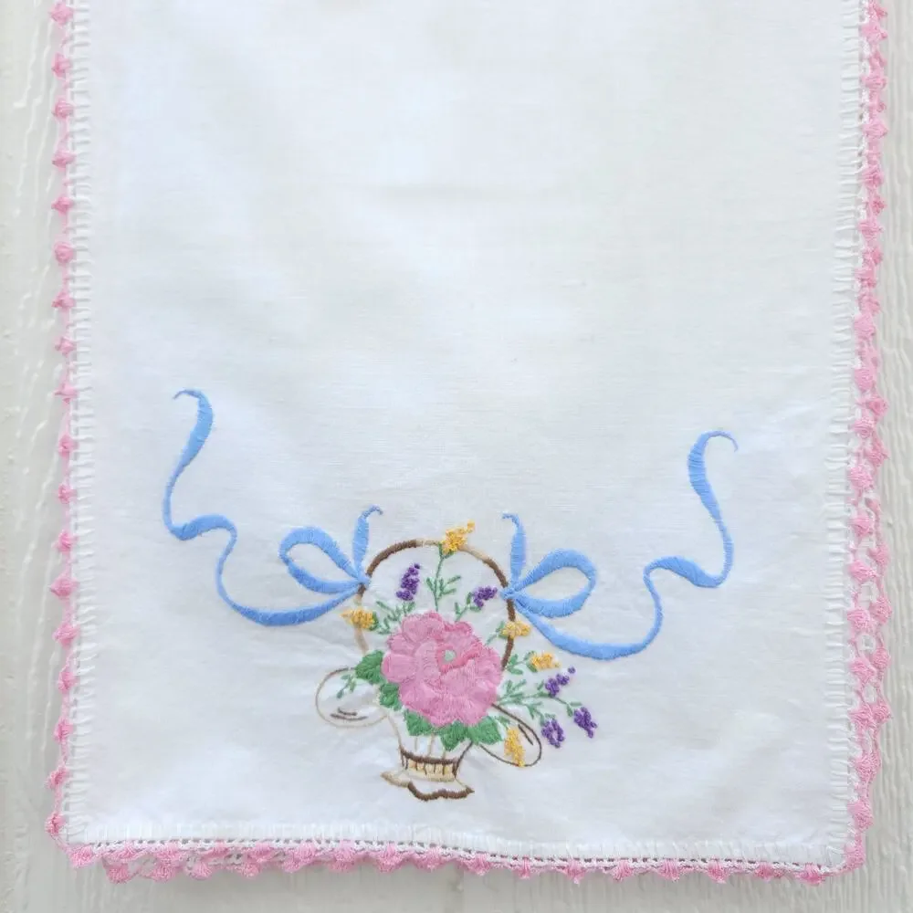 Vtg Table Runner Pink Floral Basket Cotton Embroidery MCM Valentine Shabby 13x41